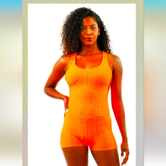 Neon Orange Criss Cross Textured Romper by SJL Apparel - Picture 3 of 7